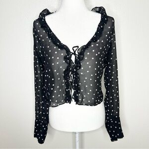 ZARA Womens Black Sheer Polka Dot Tie-Front Long Sleeve Top Blouse Size S EUC